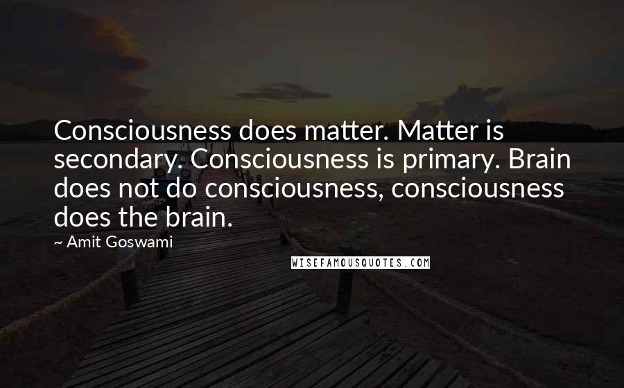 Amit Goswami Quotes: Consciousness does matter. Matter is secondary. Consciousness is primary. Brain does not do consciousness, consciousness does the brain.