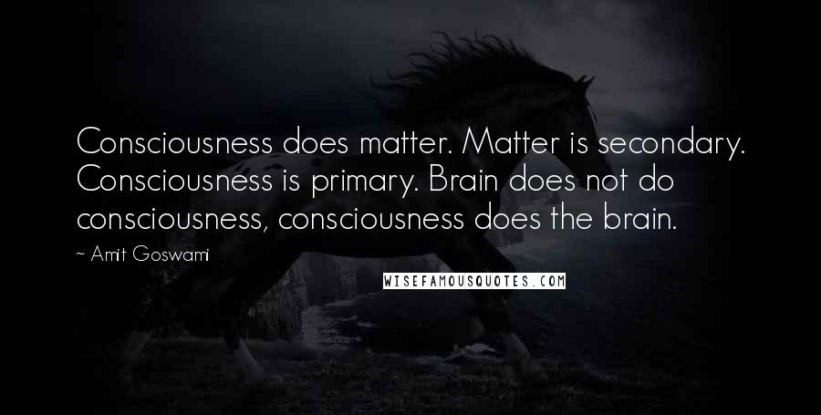 Amit Goswami Quotes: Consciousness does matter. Matter is secondary. Consciousness is primary. Brain does not do consciousness, consciousness does the brain.