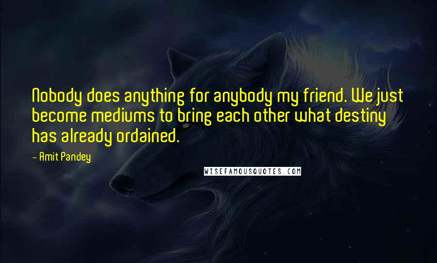 Amit Pandey Quotes: Nobody does anything for anybody my friend. We just become mediums to bring each other what destiny has already ordained.