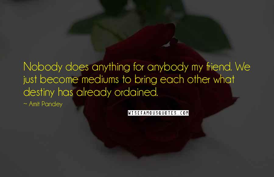 Amit Pandey Quotes: Nobody does anything for anybody my friend. We just become mediums to bring each other what destiny has already ordained.