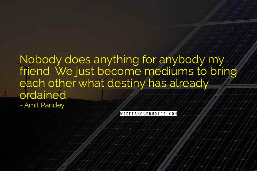 Amit Pandey Quotes: Nobody does anything for anybody my friend. We just become mediums to bring each other what destiny has already ordained.