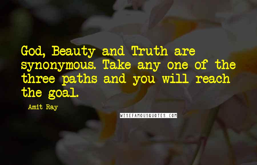 Amit Ray Quotes: God, Beauty and Truth are synonymous. Take any one of the three paths and you will reach the goal.
