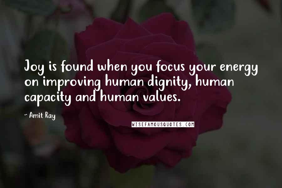 Amit Ray Quotes: Joy is found when you focus your energy on improving human dignity, human capacity and human values.