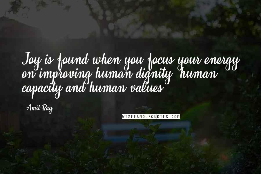 Amit Ray Quotes: Joy is found when you focus your energy on improving human dignity, human capacity and human values.
