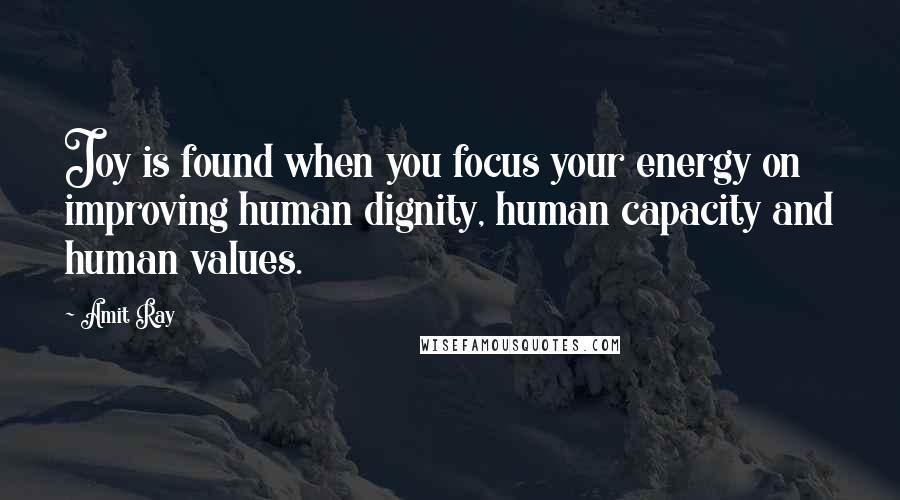 Amit Ray Quotes: Joy is found when you focus your energy on improving human dignity, human capacity and human values.