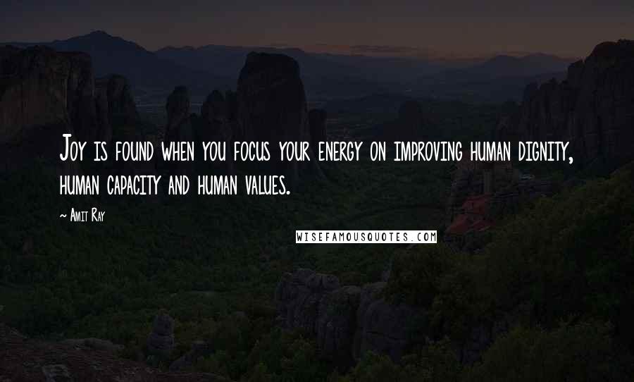 Amit Ray Quotes: Joy is found when you focus your energy on improving human dignity, human capacity and human values.