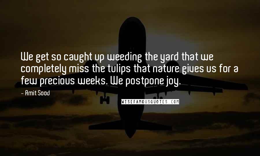 Amit Sood Quotes: We get so caught up weeding the yard that we completely miss the tulips that nature gives us for a few precious weeks. We postpone joy.