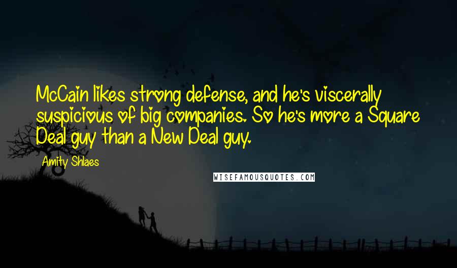 Amity Shlaes Quotes: McCain likes strong defense, and he's viscerally suspicious of big companies. So he's more a Square Deal guy than a New Deal guy.