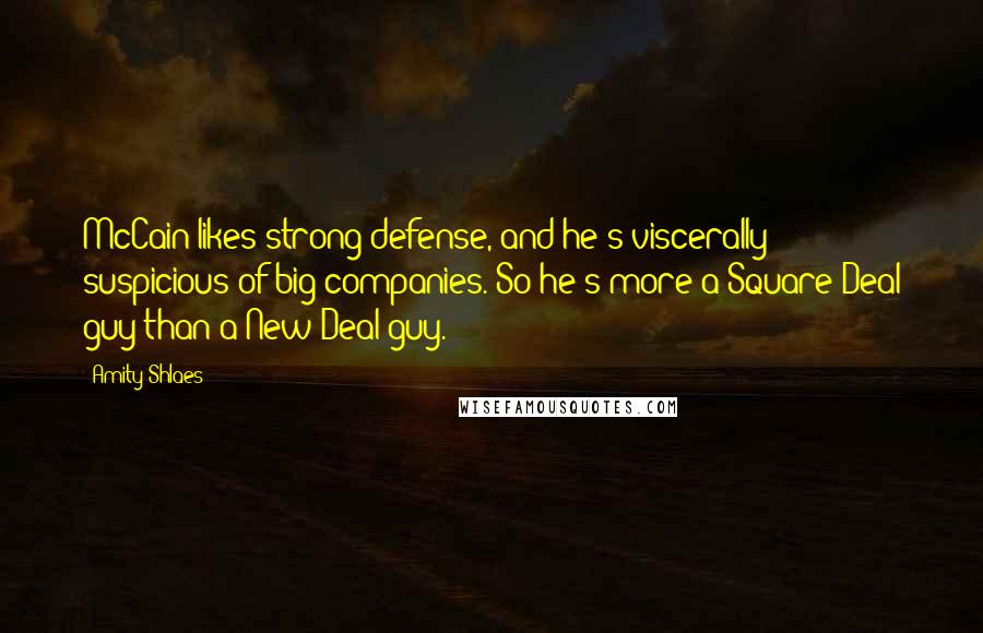 Amity Shlaes Quotes: McCain likes strong defense, and he's viscerally suspicious of big companies. So he's more a Square Deal guy than a New Deal guy.