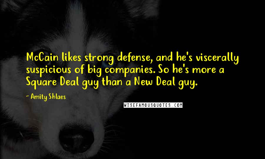 Amity Shlaes Quotes: McCain likes strong defense, and he's viscerally suspicious of big companies. So he's more a Square Deal guy than a New Deal guy.