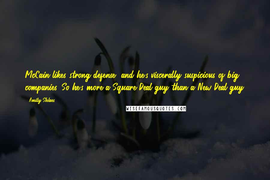 Amity Shlaes Quotes: McCain likes strong defense, and he's viscerally suspicious of big companies. So he's more a Square Deal guy than a New Deal guy.