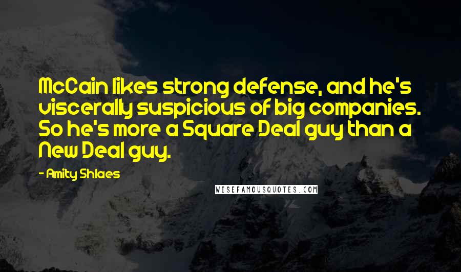 Amity Shlaes Quotes: McCain likes strong defense, and he's viscerally suspicious of big companies. So he's more a Square Deal guy than a New Deal guy.