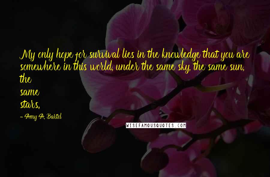 Amy A. Bartol Quotes: My only hope for survival lies in the knowledge that you are somewhere in this world, under the same sky, the same sun, the same stars.