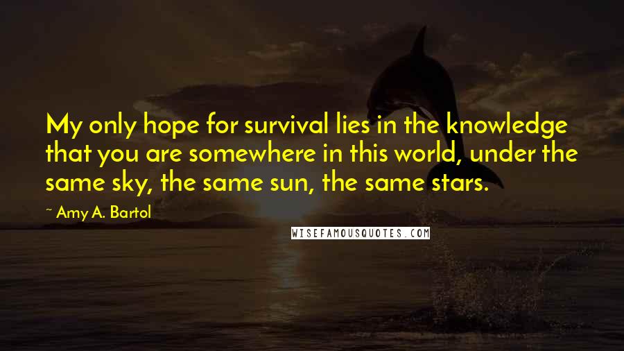 Amy A. Bartol Quotes: My only hope for survival lies in the knowledge that you are somewhere in this world, under the same sky, the same sun, the same stars.