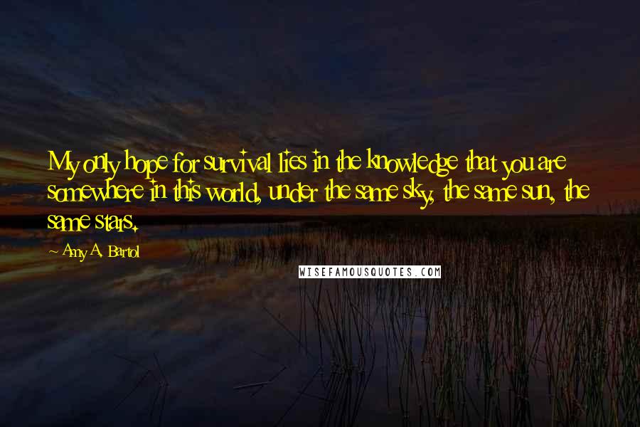 Amy A. Bartol Quotes: My only hope for survival lies in the knowledge that you are somewhere in this world, under the same sky, the same sun, the same stars.