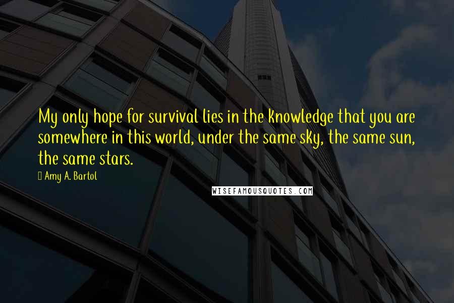 Amy A. Bartol Quotes: My only hope for survival lies in the knowledge that you are somewhere in this world, under the same sky, the same sun, the same stars.