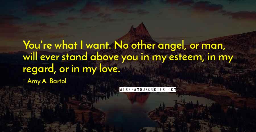 Amy A. Bartol Quotes: You're what I want. No other angel, or man, will ever stand above you in my esteem, in my regard, or in my love.