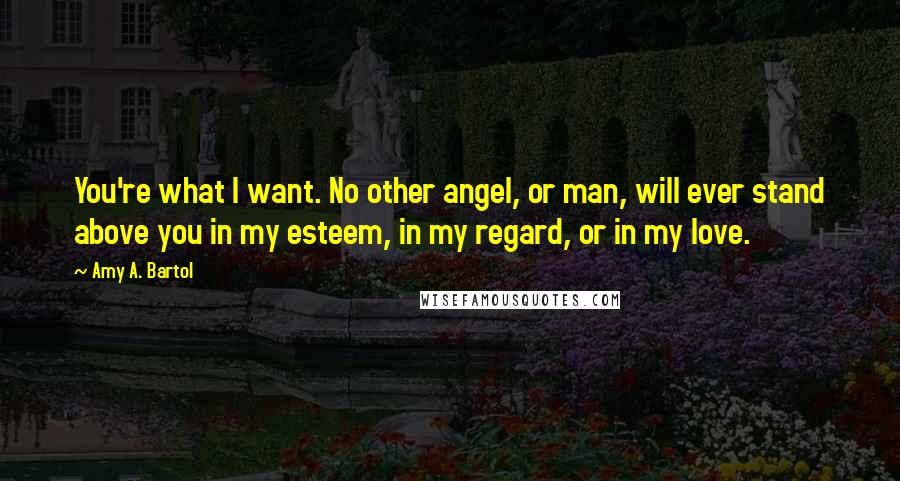 Amy A. Bartol Quotes: You're what I want. No other angel, or man, will ever stand above you in my esteem, in my regard, or in my love.