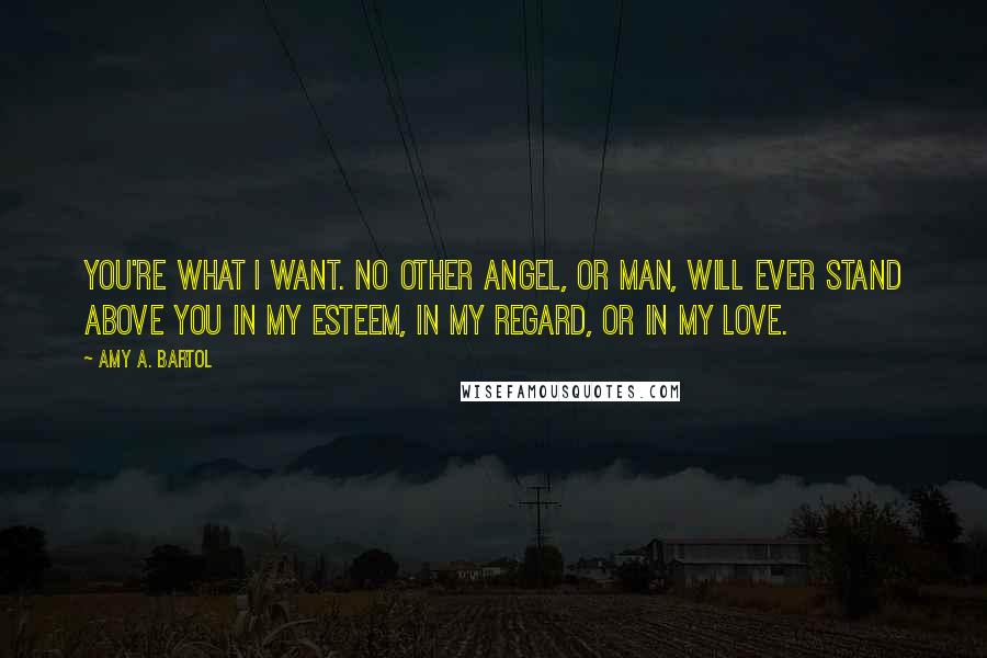 Amy A. Bartol Quotes: You're what I want. No other angel, or man, will ever stand above you in my esteem, in my regard, or in my love.