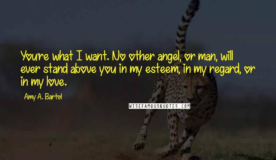 Amy A. Bartol Quotes: You're what I want. No other angel, or man, will ever stand above you in my esteem, in my regard, or in my love.