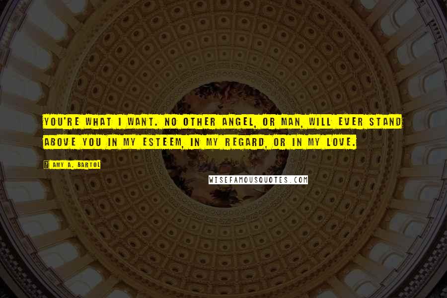 Amy A. Bartol Quotes: You're what I want. No other angel, or man, will ever stand above you in my esteem, in my regard, or in my love.