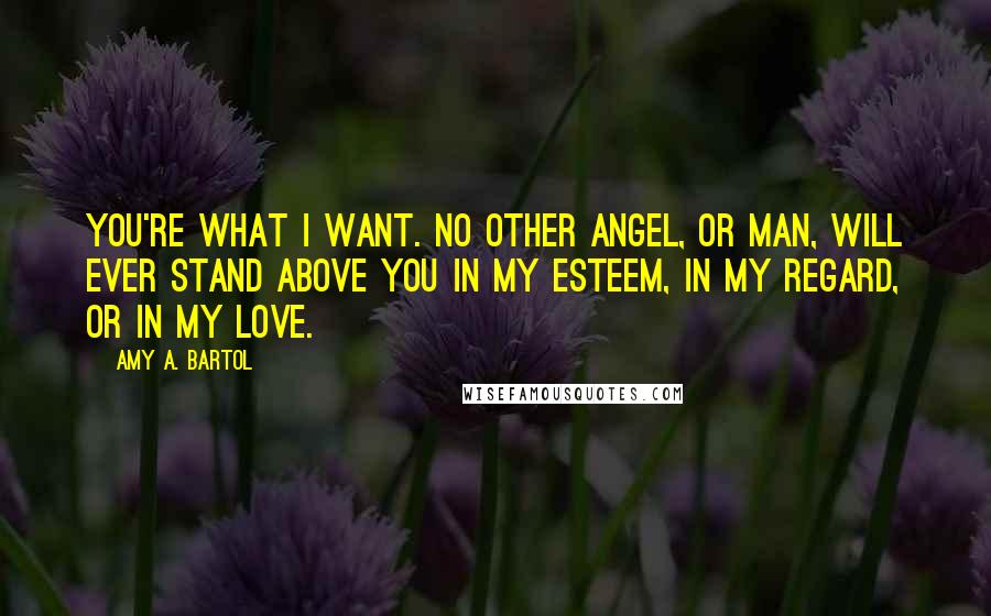 Amy A. Bartol Quotes: You're what I want. No other angel, or man, will ever stand above you in my esteem, in my regard, or in my love.