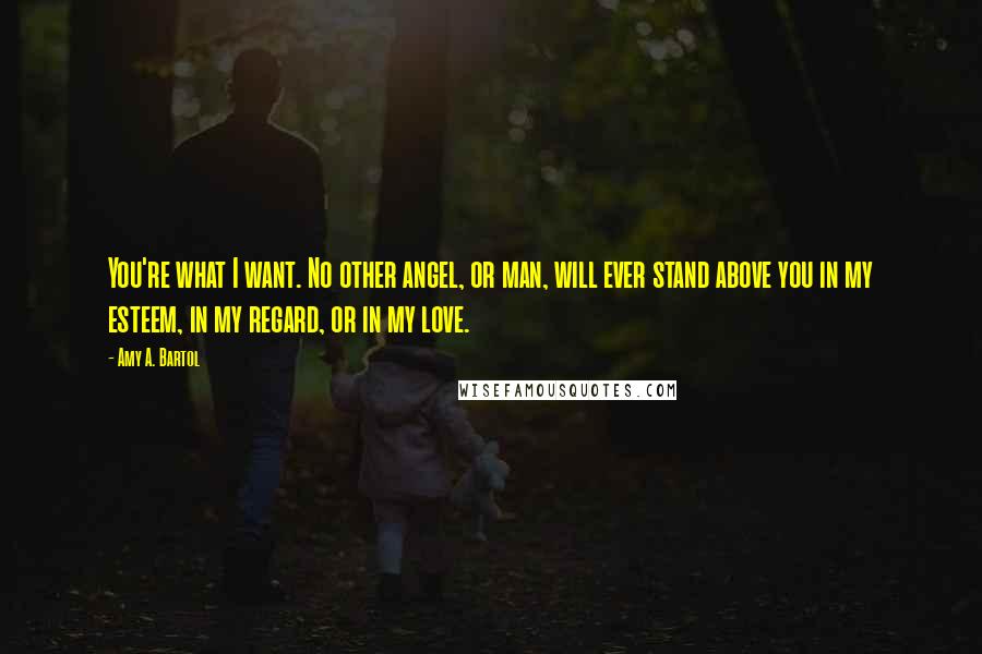 Amy A. Bartol Quotes: You're what I want. No other angel, or man, will ever stand above you in my esteem, in my regard, or in my love.