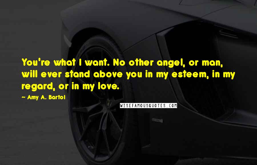 Amy A. Bartol Quotes: You're what I want. No other angel, or man, will ever stand above you in my esteem, in my regard, or in my love.