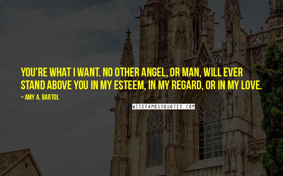 Amy A. Bartol Quotes: You're what I want. No other angel, or man, will ever stand above you in my esteem, in my regard, or in my love.