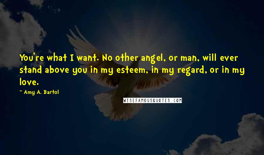 Amy A. Bartol Quotes: You're what I want. No other angel, or man, will ever stand above you in my esteem, in my regard, or in my love.