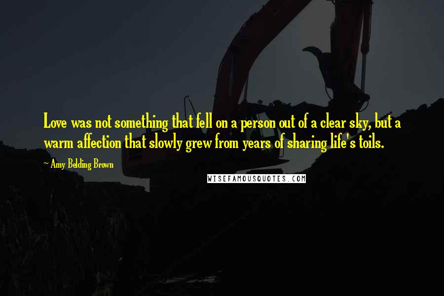 Amy Belding Brown Quotes: Love was not something that fell on a person out of a clear sky, but a warm affection that slowly grew from years of sharing life's toils.