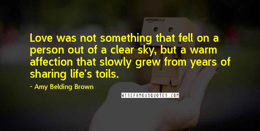 Amy Belding Brown Quotes: Love was not something that fell on a person out of a clear sky, but a warm affection that slowly grew from years of sharing life's toils.