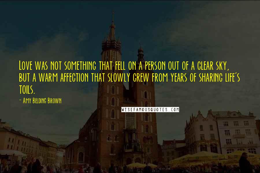 Amy Belding Brown Quotes: Love was not something that fell on a person out of a clear sky, but a warm affection that slowly grew from years of sharing life's toils.