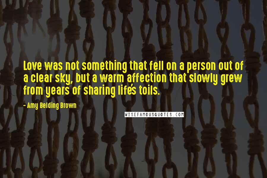 Amy Belding Brown Quotes: Love was not something that fell on a person out of a clear sky, but a warm affection that slowly grew from years of sharing life's toils.