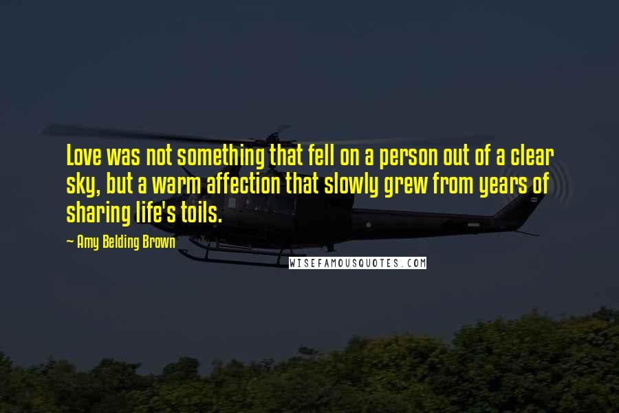 Amy Belding Brown Quotes: Love was not something that fell on a person out of a clear sky, but a warm affection that slowly grew from years of sharing life's toils.