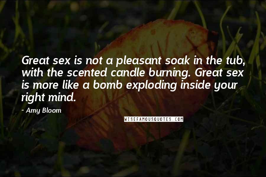 Amy Bloom Quotes: Great sex is not a pleasant soak in the tub, with the scented candle burning. Great sex is more like a bomb exploding inside your right mind.