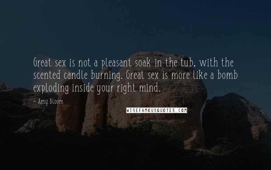 Amy Bloom Quotes: Great sex is not a pleasant soak in the tub, with the scented candle burning. Great sex is more like a bomb exploding inside your right mind.