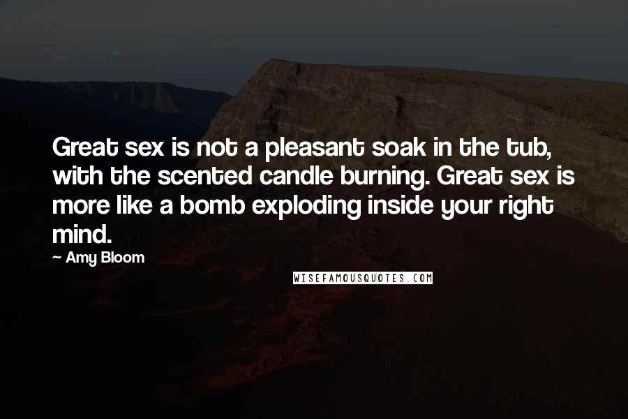 Amy Bloom Quotes: Great sex is not a pleasant soak in the tub, with the scented candle burning. Great sex is more like a bomb exploding inside your right mind.