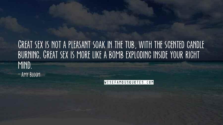 Amy Bloom Quotes: Great sex is not a pleasant soak in the tub, with the scented candle burning. Great sex is more like a bomb exploding inside your right mind.