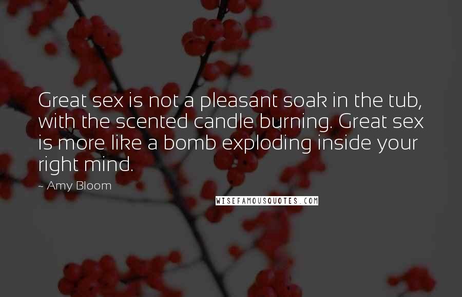 Amy Bloom Quotes: Great sex is not a pleasant soak in the tub, with the scented candle burning. Great sex is more like a bomb exploding inside your right mind.