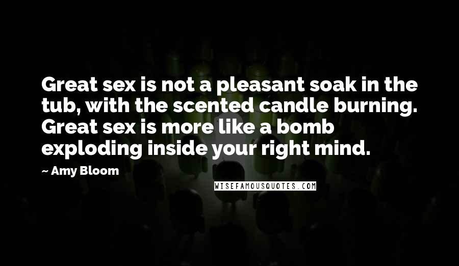 Amy Bloom Quotes: Great sex is not a pleasant soak in the tub, with the scented candle burning. Great sex is more like a bomb exploding inside your right mind.