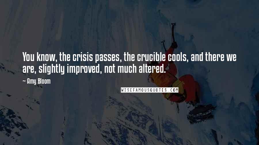 Amy Bloom Quotes: You know, the crisis passes, the crucible cools, and there we are, slightly improved, not much altered.