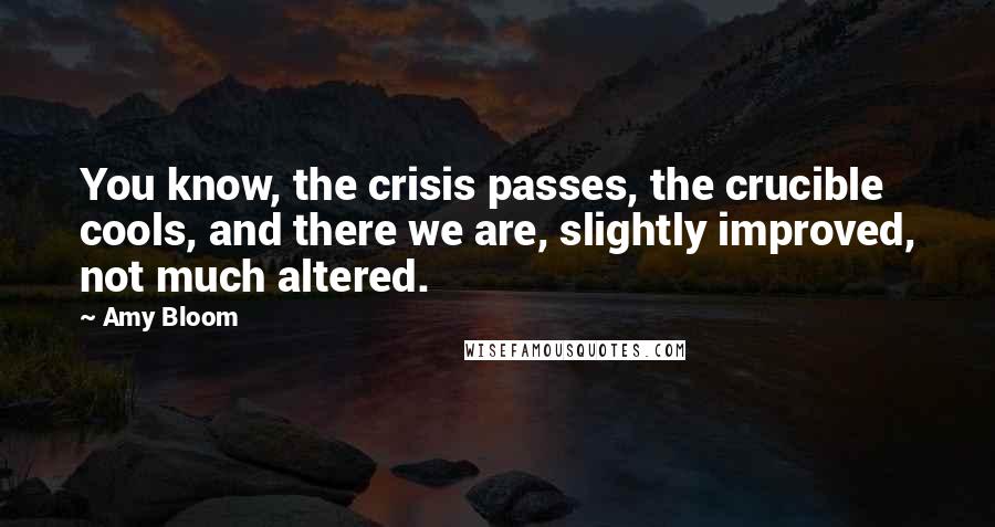 Amy Bloom Quotes: You know, the crisis passes, the crucible cools, and there we are, slightly improved, not much altered.