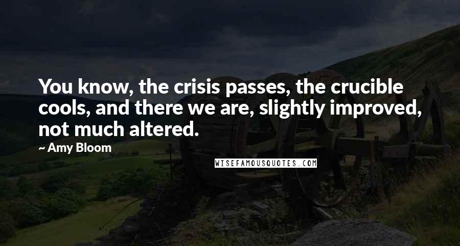 Amy Bloom Quotes: You know, the crisis passes, the crucible cools, and there we are, slightly improved, not much altered.