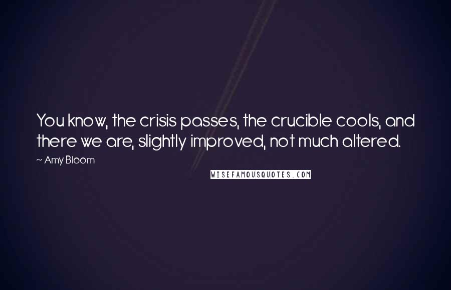 Amy Bloom Quotes: You know, the crisis passes, the crucible cools, and there we are, slightly improved, not much altered.