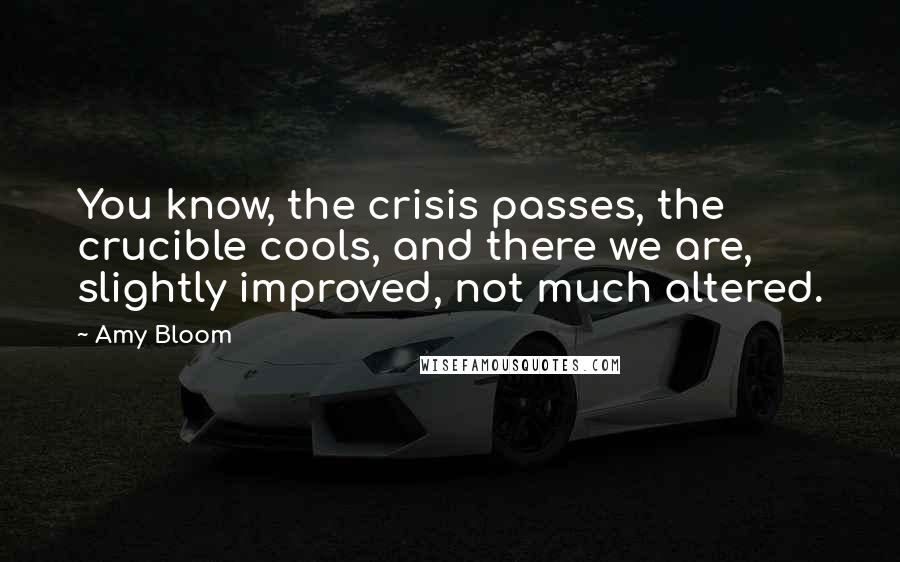 Amy Bloom Quotes: You know, the crisis passes, the crucible cools, and there we are, slightly improved, not much altered.