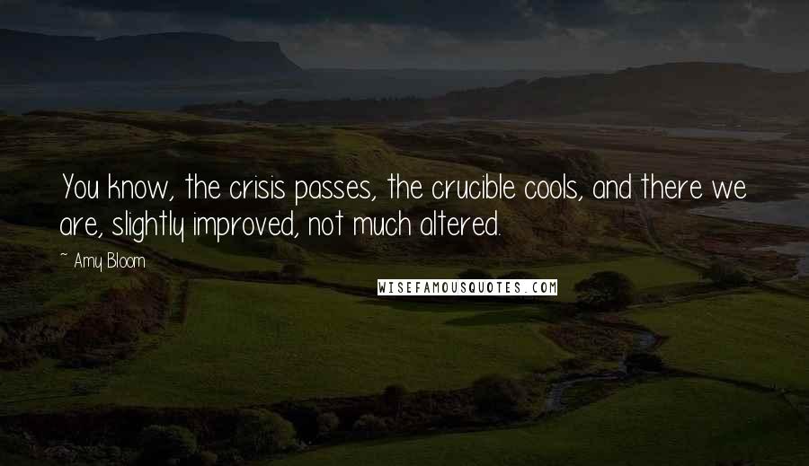 Amy Bloom Quotes: You know, the crisis passes, the crucible cools, and there we are, slightly improved, not much altered.