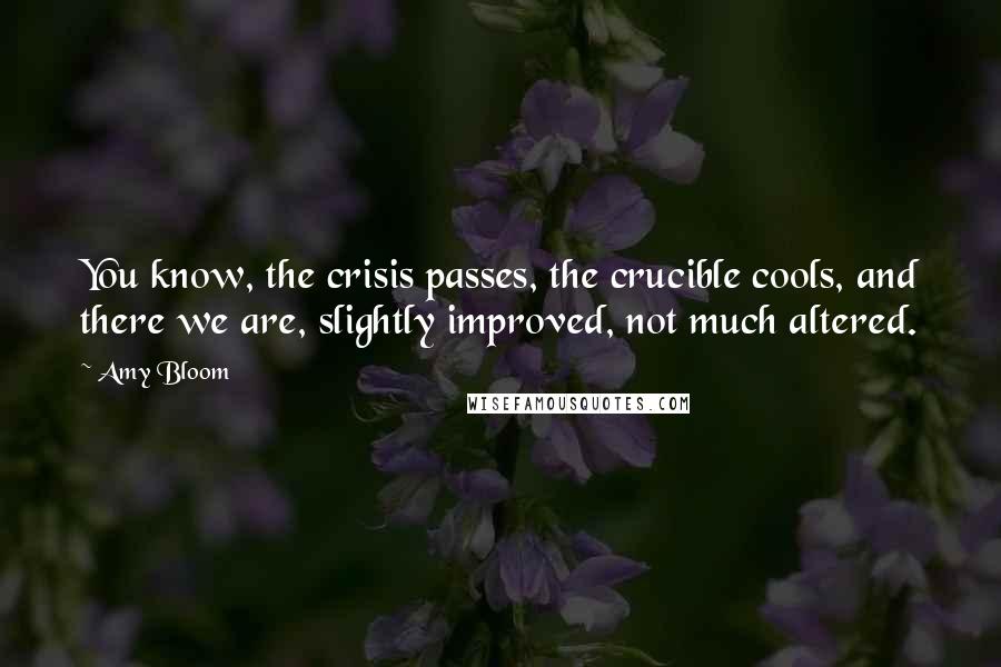 Amy Bloom Quotes: You know, the crisis passes, the crucible cools, and there we are, slightly improved, not much altered.