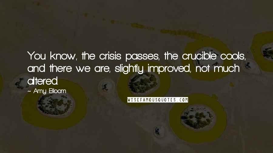 Amy Bloom Quotes: You know, the crisis passes, the crucible cools, and there we are, slightly improved, not much altered.