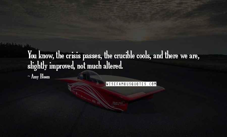 Amy Bloom Quotes: You know, the crisis passes, the crucible cools, and there we are, slightly improved, not much altered.